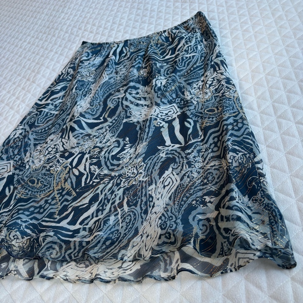 VTG Chadwick’s Silk A-Line Skirt Sz 12 Blue Gold Metallic Abstract Art To Wear - Picture 4 of 14